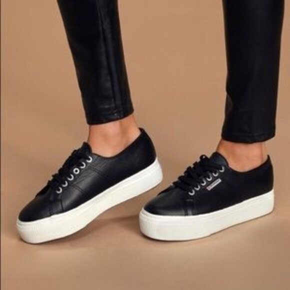 Black Leather Platform Superga Sneakers EU 38 US 7.5 - Picture 1 of 12